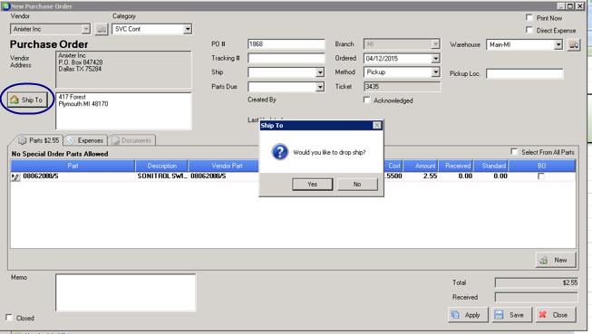 Drop Ship On Purchase Orders The Purchase Order form within a service ticket