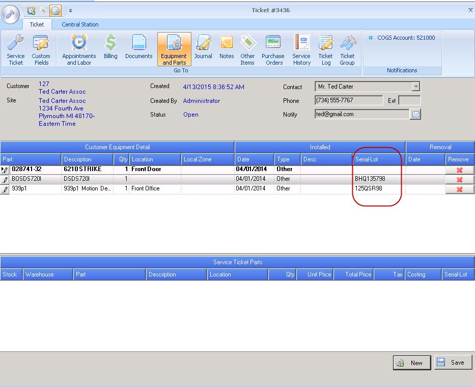 Serial-Lot Number Column For Existing Parts A new column has been added to service tickets showing the serial-lot