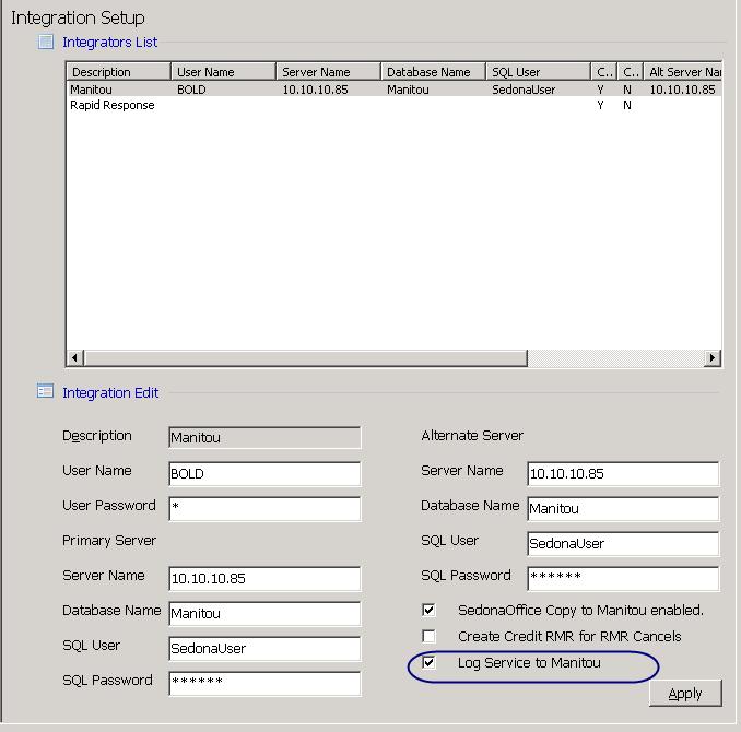 Integration Setup A new option has been added to the Manitou Integration Setup table. In previous versions of SedonaOffice, service ticket notes were automatically added into the customer log.