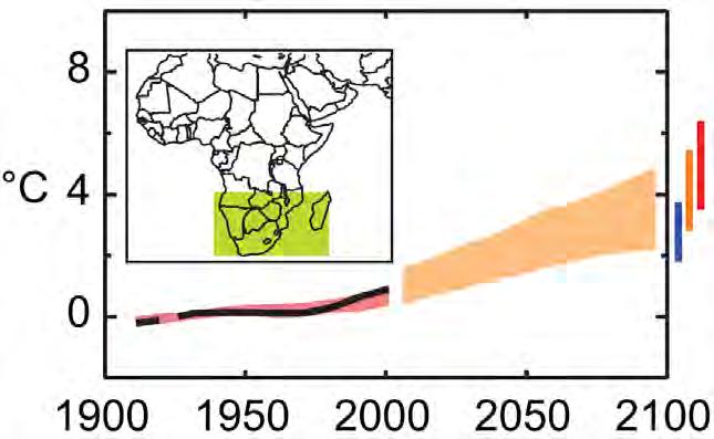 winters and springs increases to roughly 20%, while the frequency of extremely wet austral summers doubles in southern Africa.