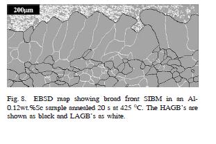 bowing of the boundaries, a broad recrystallized structure formed by the joining of subgrains was separated by low angle boundaries [61]. Figure 2-10. EBSD map showing broad front of SIBM in an Al-0.