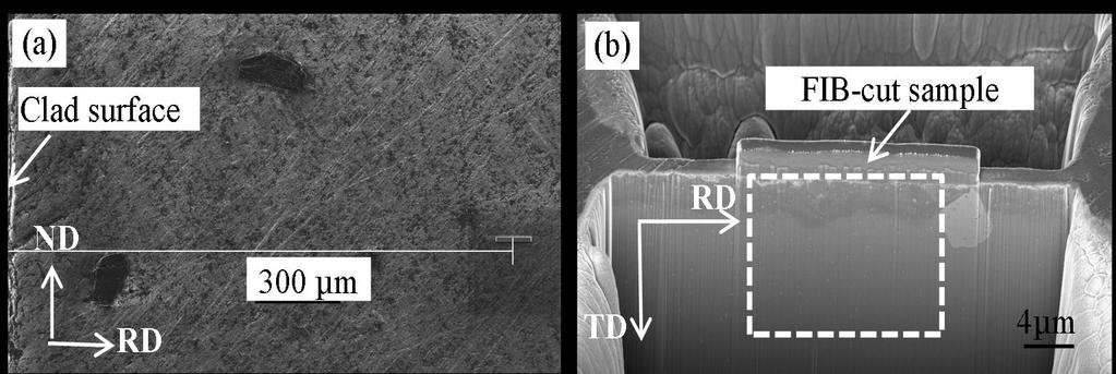 interface ND 0.3 mm 0.26 mm TEM sample RD Figure 3-2. Schematic presentation of the locations for TEM samples. TEM foil for the interface region was prepared by focused ion beam (FIB) milling.