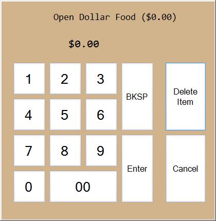 Open Dollar Item: The open dollar item can be food (sendable) or retail (non-sendable) and allows the user to enter any price. If it s sendable, the price cannot be altered after the item is sent.