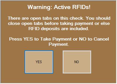 When a user attempts to take payment on a check with an active RFID (open tab) they will be shown a warning message as shown below.