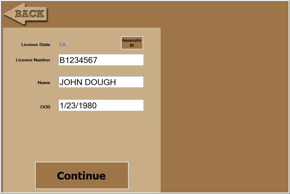 When this menu item type is selected, the user is taken to the Add Patron screen, and a patron can be added using one of three methods (1) Identification (Driver License or State ID) card 2D barcode