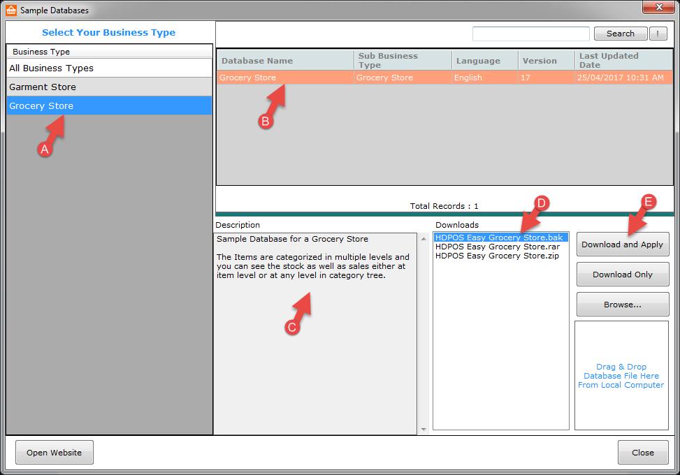 Database Selection A. Choose the most relevant business type on the left panel B. Select from available databases C.