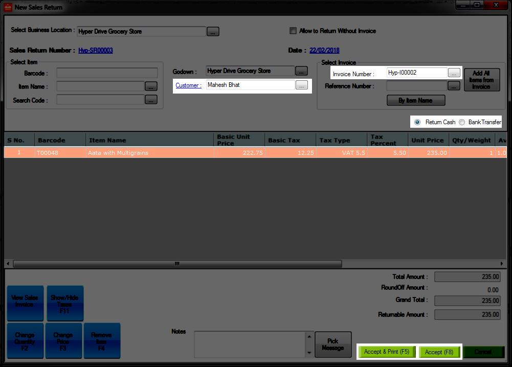 After Selecting the Invoice, the invoice details will be displayed in the New Sales Return window.