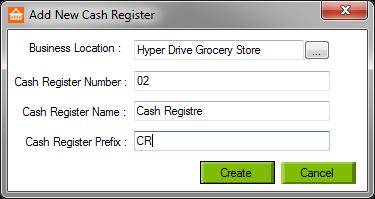 In the Add New Cash Register window, select the Business location for which you want to create new cash register. Give a Number and a Name to cash register.