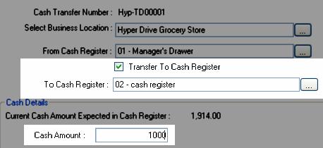 The checkbox Transfer to Cash Register is checked by default. Select the From Cash Register and To Cash Register to transfer money.