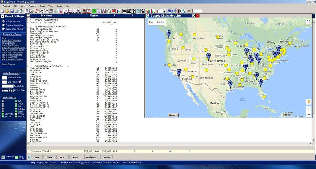 Supply Chain Modeler Data and Maps Logix includes a unique Google Maps interface that