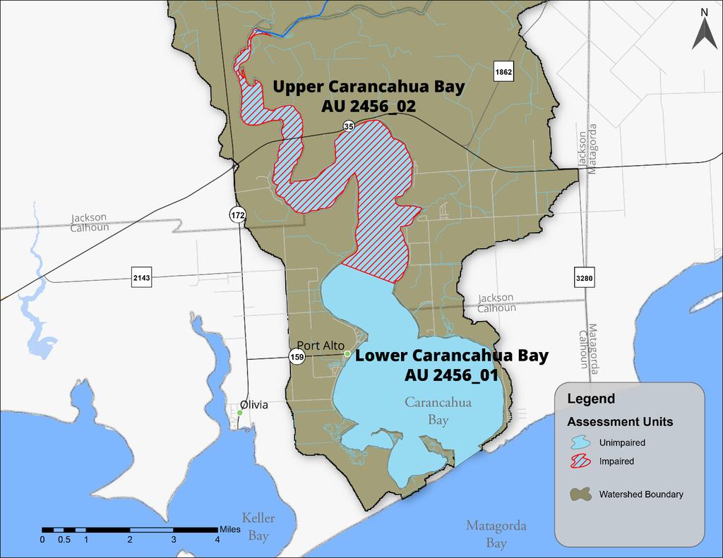 Water Quality Update Upper half of Carancahua Bay (AU 2456_02) Listed Impaired for Primary Contact Recreation due to elevated Enterococcus levels Water