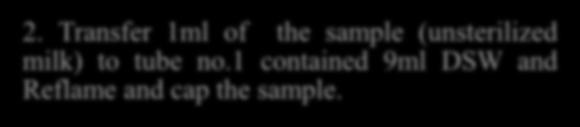 Transfer 1ml of the sample (unsterilized milk) to tube no.