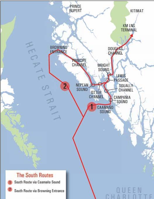 THE KITIMAT LNG PROJECT 25 of 104 Figure 2 The South Route: 18 Kitimat LNG has stated it will use a passage plan and electronic navigation equipment to follow the best possible route, accounting for