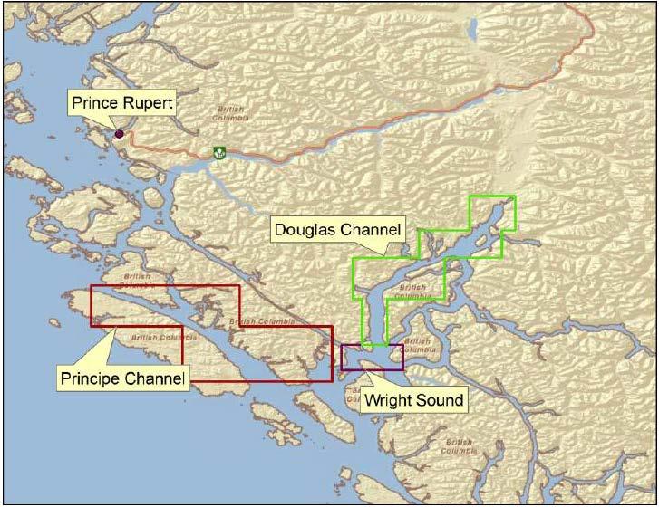 THE KITIMAT LNG PROJECT 61 of 104 Specific waterways used in the study are: Wright Sound Principe Channel Douglas Channel Figure 11 Area of Study for Vessel Transits along Project Route Kitimat LNG