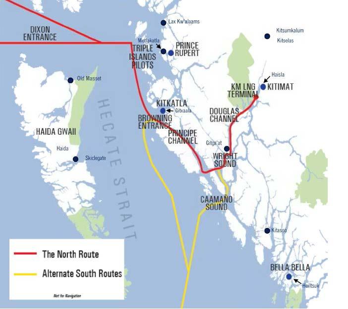 THE KITIMAT LNG PROJECT 85 of 104 Figure 12 Proposed Kitimat LNG Shipping Routes and Involved First Nations A number of Indigenous groups were also invited to the proponent s Hazard Identification