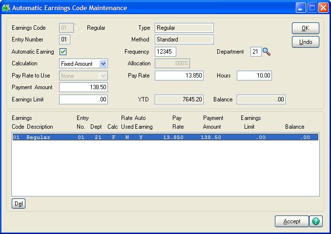 Earnings command button. This new screen will allow you to schedule automatic pay for individual employees.