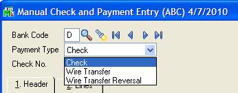 The default Payment type is Check, select Wire, or Wire Transfer reversal for electronic