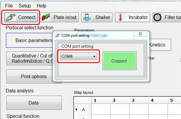 In case PC cannot connect to the instrument, please press the Connect icon to select corresponding COM