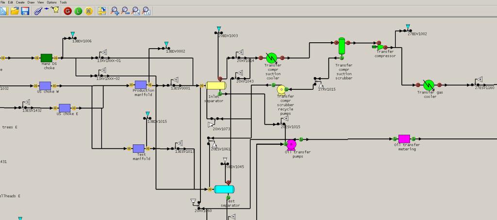 The process module Here, the process flow diagram with emergency shutdown valves and blowdown valves is modelled. Isolatable process segments are indicated with separate colours.