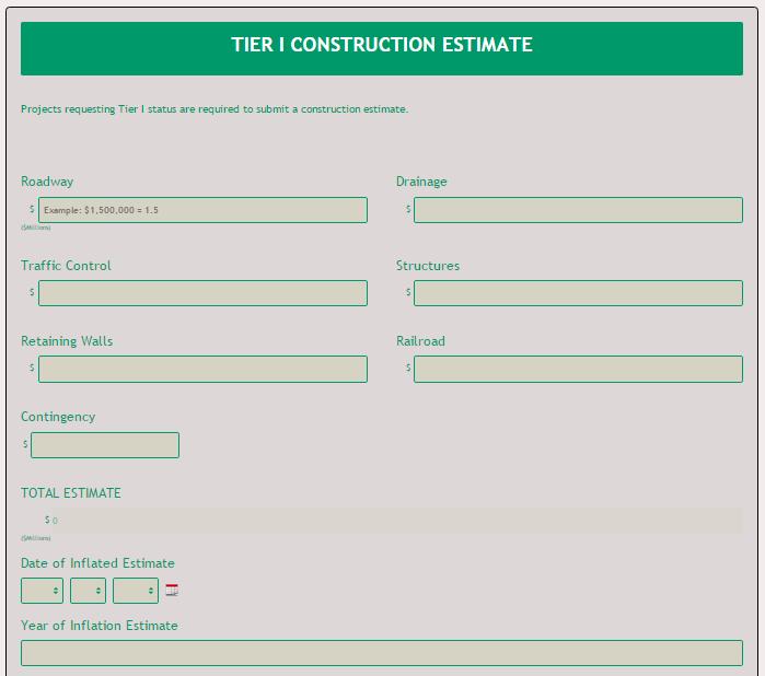 Tier I Construction Estimate If Tier I construction funding is being