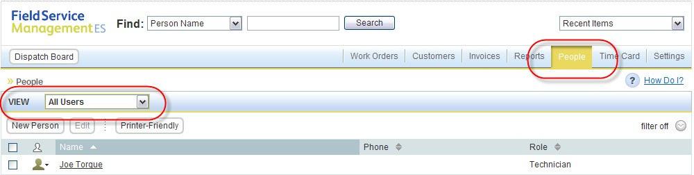 Configure Users In Field Service Management, click on the People tab.