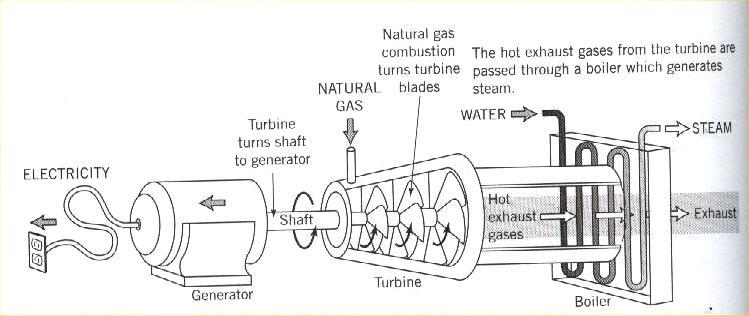 Figure 3.13 A small cogeneration plant that uses the combustion of natural gas to drive a gas turbine coupled to an electric generator.