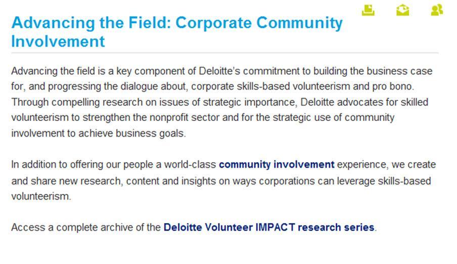 Deloitte Volunteer IMPACT Research Series Key Element of Think, Invest, Advance Eight years of