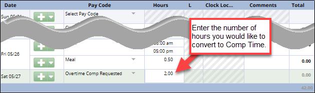 2. Enter the amount of overtime to convert to Comp Time in the Hours column