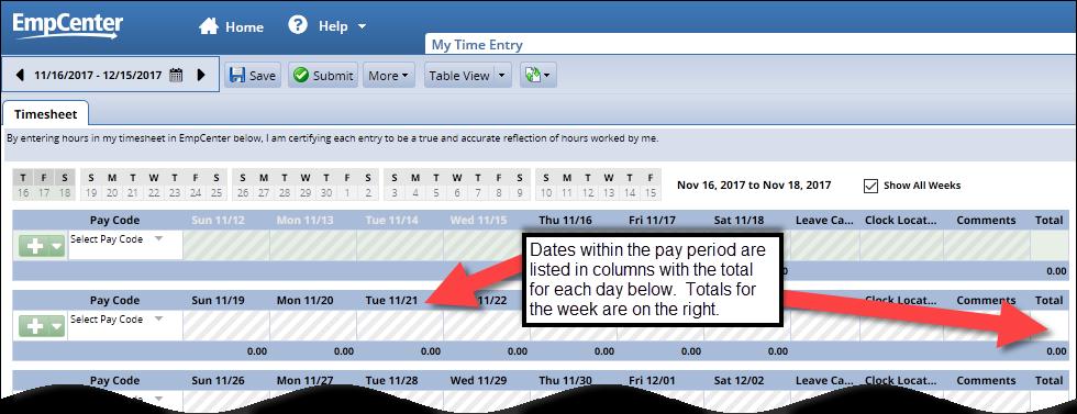 Table View Table view displays days in the pay period as a table.