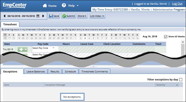 Employee Timesheet (My Time Entry) Access your timesheet by clicking on My Timesheet on the Dashboard. Timesheet Top A.