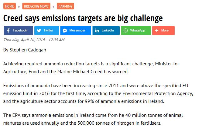 National Plan for reducing ammonia emissions to be submitted to EU Ireland currently in breach of NECD