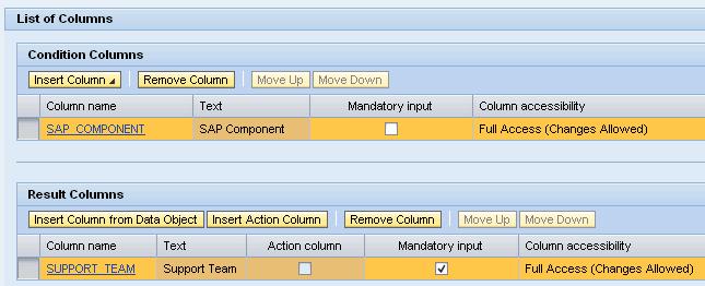 4. Analog to the condition column, define the result column for the support team. The following figure shows the list of the created condition and result columns. 5. Continue with OK.
