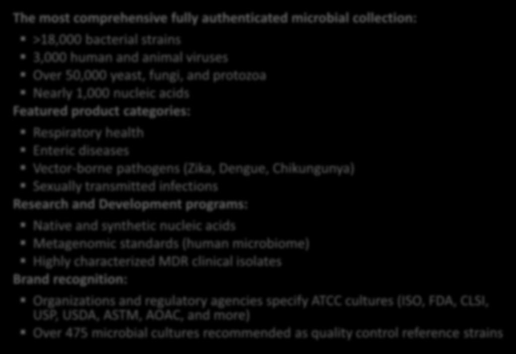transmitted infections Research and Development programs: Native and synthetic nucleic acids Metagenomic standards (human microbiome) Highly characterized MDR clinical isolates Brand recognition: