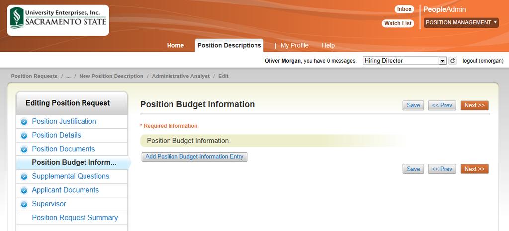 Position Budget Information This section records the UEI account number to assign to this position.