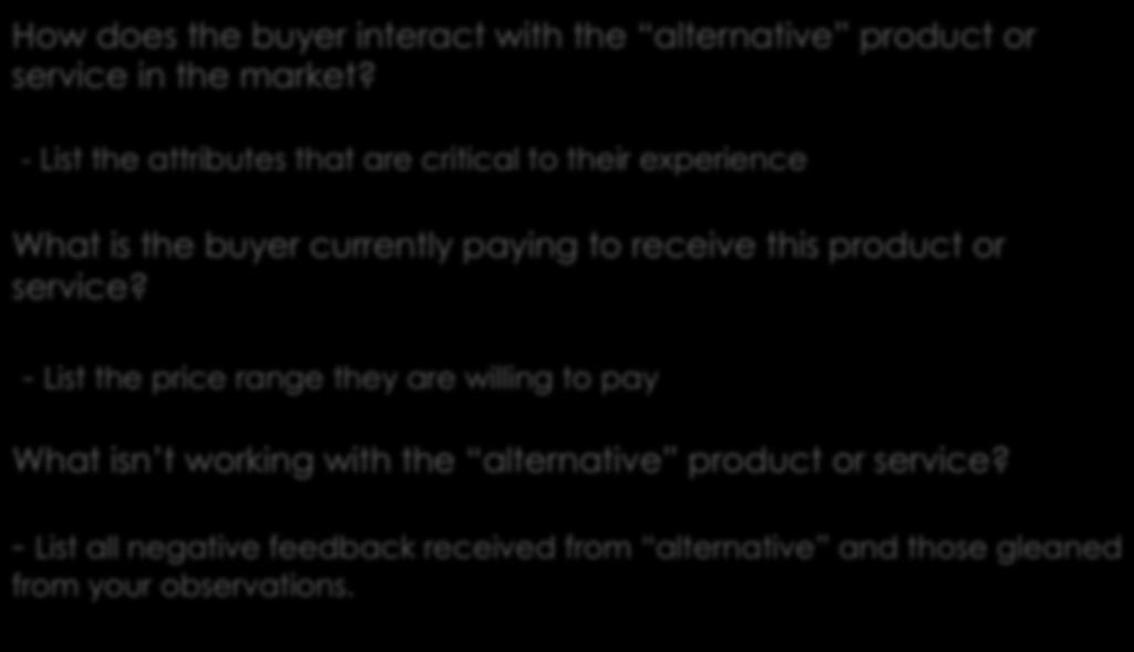 UNDERSTANDING THE BUYER How does the buyer interact with the alternative product or service in the market?