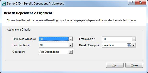 While the Dependent can be linked through the Dependent Benefits tab on the Personal Information - Existing Dependents folder, the following utility can be run to link the Dependent to the benefit