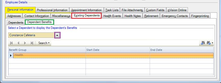 To view the results of the operation to ADD DEPENDENTS in this utility, go to the Employee Information Personal Information Existing Dependents window. Click the Dependent Benefits tab.