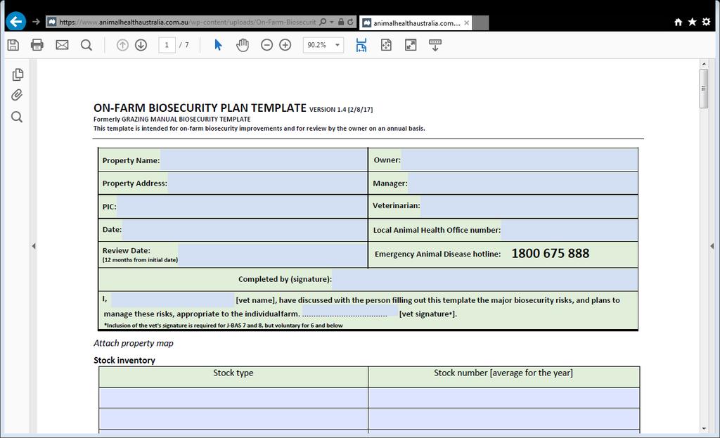 Biosecurity Template is available on web site : https://www.