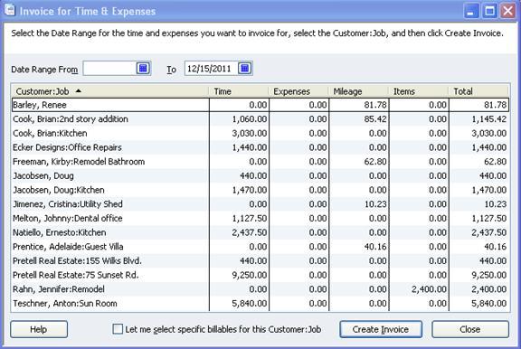 Next set the date range, if necessary. Figure 12 List view for Time & Expenses to be invoiced Click on the Customer:Job to be invoiced.