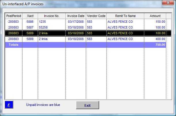 The following window shows invoices that have been entered, not