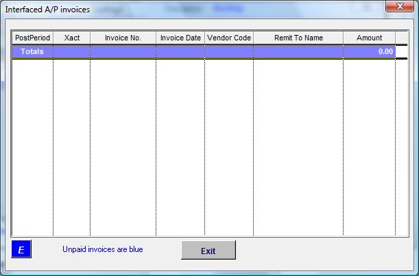 Below is the screen for any invoices that have been interfaced