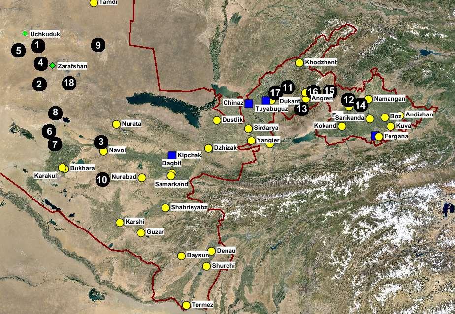 The hydrological monitoring network in Uzbekistan does not at present cover areas of the U-legacy and U-production sites The only 2 existing water quality monitoring stations are located at the areas