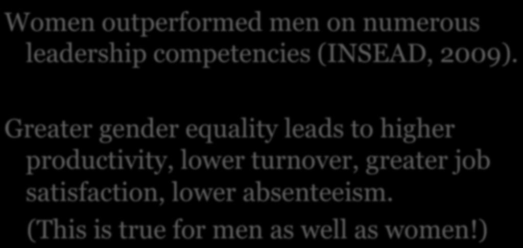 Business Case II: Leveraging Talent Women outperformed men on numerous leadership competencies (INSEAD, 2009).