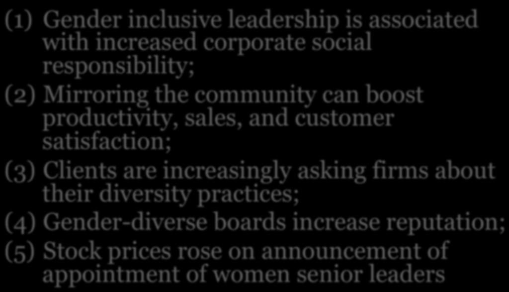 Business Case IV: Reputation (1) Gender inclusive leadership is associated with increased corporate social responsibility; (2) Mirroring the community can boost productivity, sales, and customer