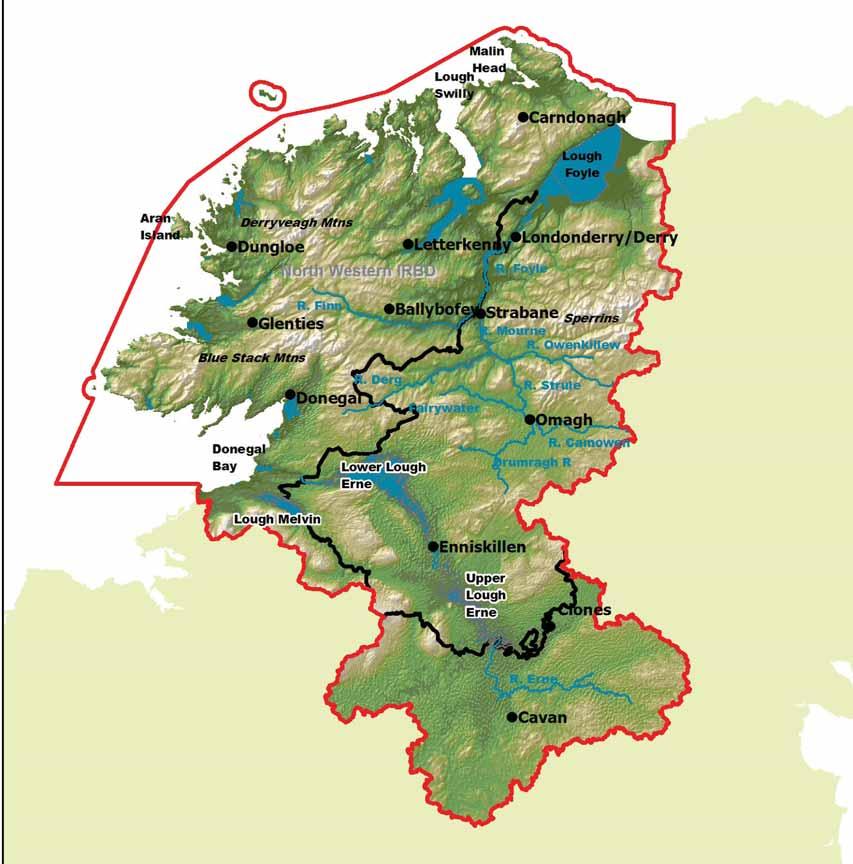 The North Western IRBD: a brief overview The North Western International River Basin District is a cross-border area: 7,4 km 2 is in Ireland and 4,9 km 2 in Northern Ireland.