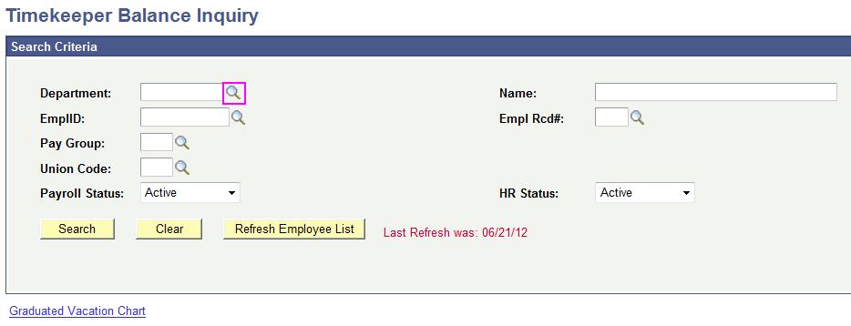 Balance Inquiry (continued) Use the search page to filter employees by department or individual ID number/name Click on the magnifying