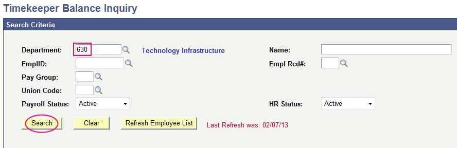 Department: Enter the department code to display employees within the department.