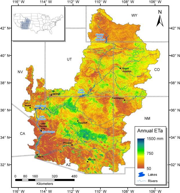 Spatial distribution of the annual evapotranspiration (mm) for 2013 using the
