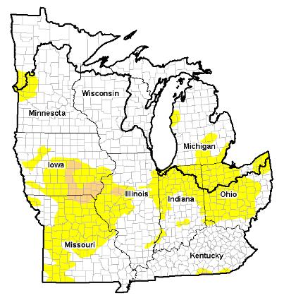In the corn growing areas of the High Plains, North Dakota was 13% abnormally dry, more so in the southwest than south east; South Dakota 28% abnormally dry, 16% moderate, and 3% severe but most of