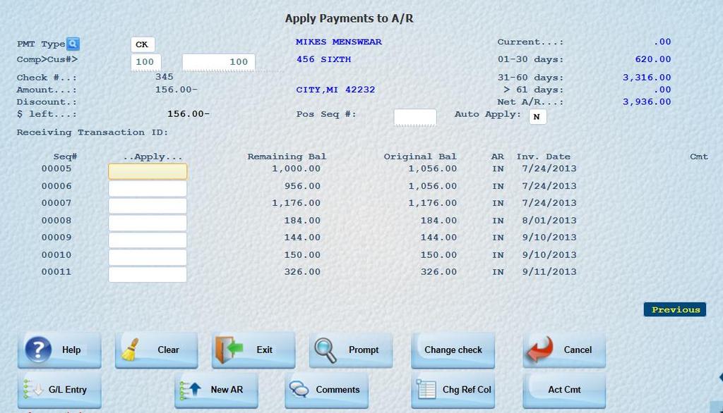 Key Amount[-], [Tab] 9 digits, numeric. No assumed decimal. Key as a negative so it posts as a debit. The Apply Payments to A/R detail screen appears.